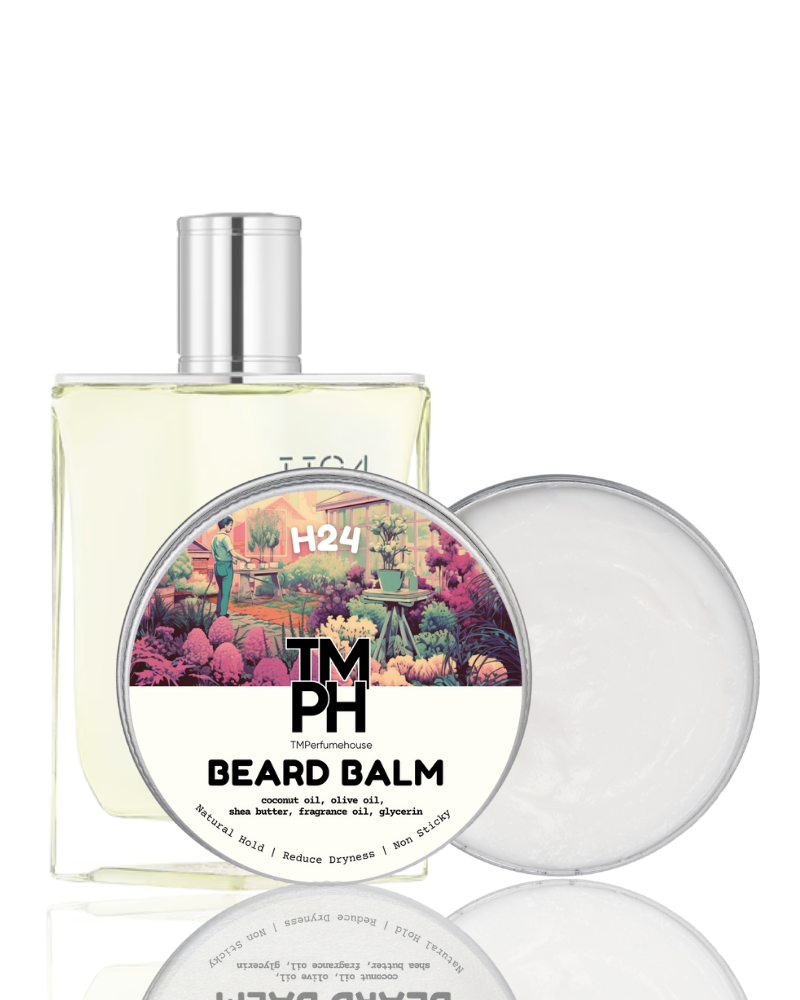 Beard balm packaging with a scenic label on a white background