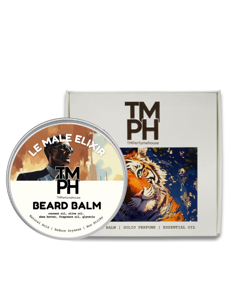 Beard balm container with packaging featuring a tiger illustration and 'TM PH' branding.