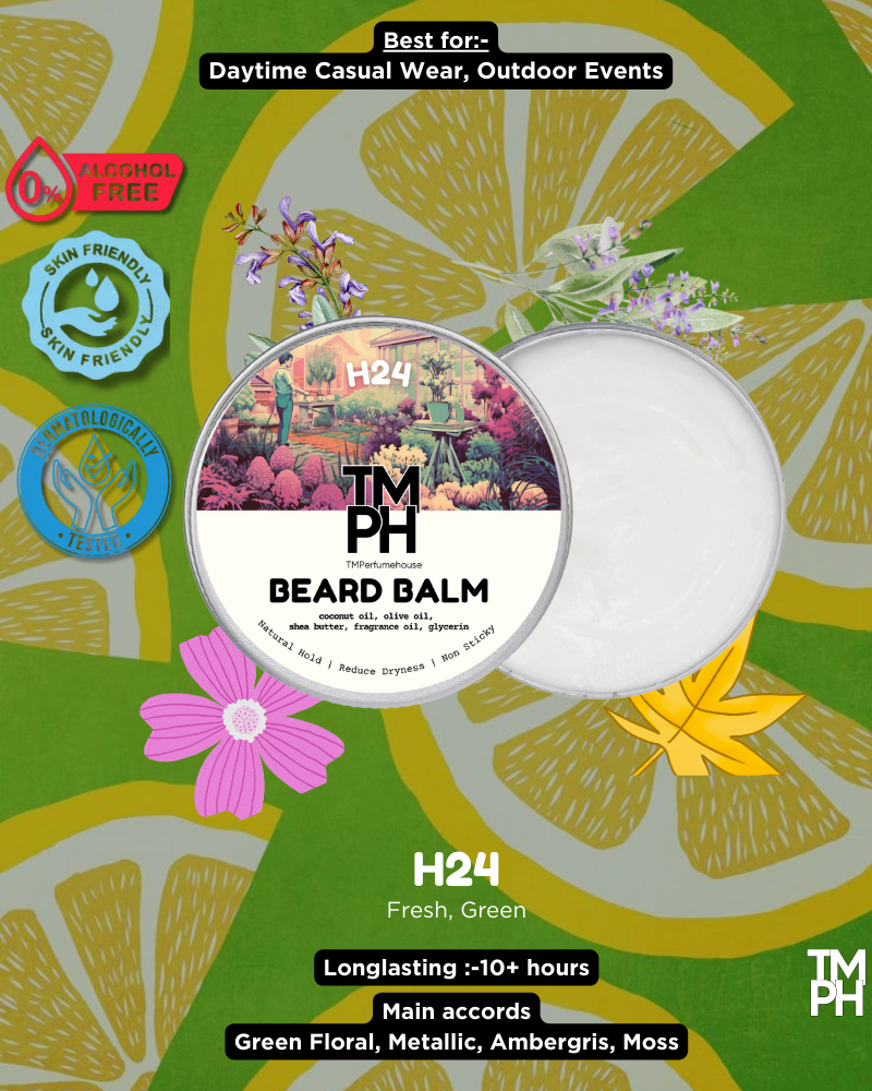 TM PH Beard Balm packaging with green floral design and product details.