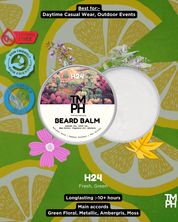TM PH Beard Balm packaging with green floral design and product details.