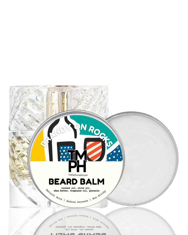 Beard balm container with a decorative label on a white background