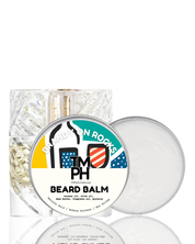 Beard balm container with a decorative label on a white background