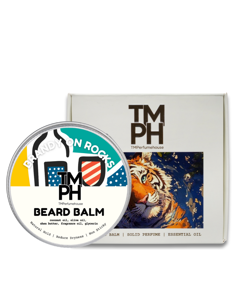 Beard balm container with tiger design and TM PH branding on a white background