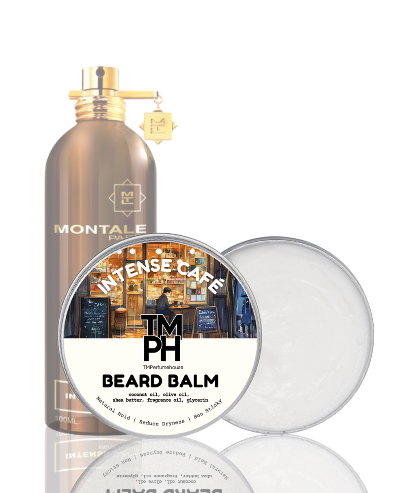 Montale perfume bottle and TM PH beard balm on a white background