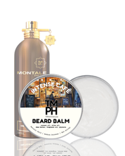 Montale perfume bottle and TM PH beard balm on a white background