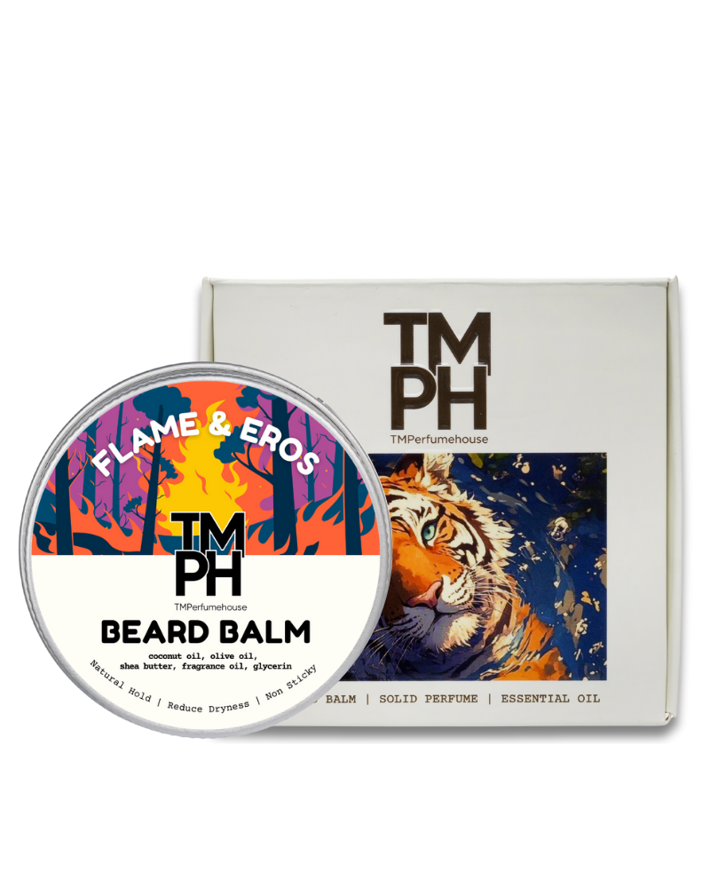 Beard balm container with colorful label and tiger illustration on a white background