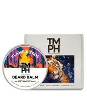 Beard balm container with colorful label and tiger illustration on a white background