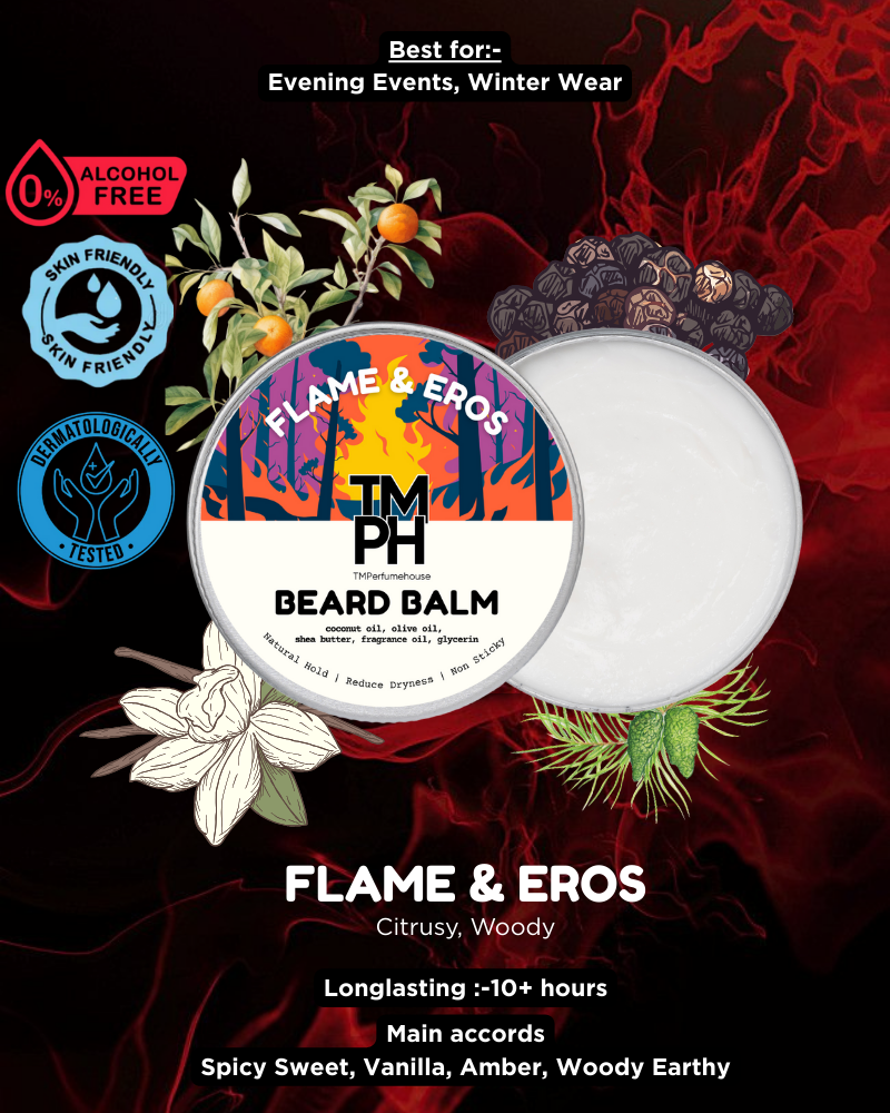 Beard balm container with colorful label on a dark background with floral elements