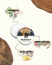 Beard balm container with notes on top, middle, and base notes on a white background