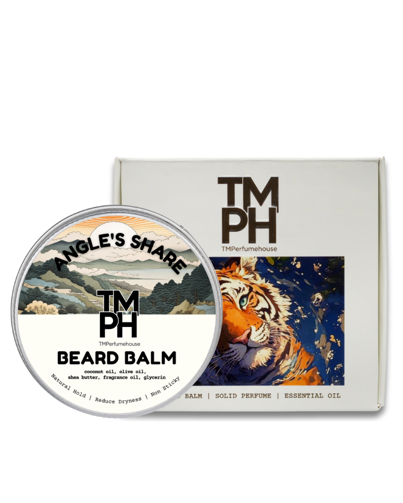 Beard balm container with 'TM PH' branding and a tiger illustration on the packaging.