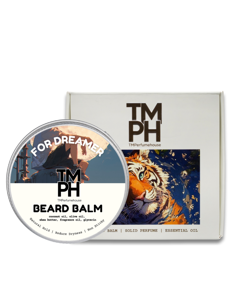 TM PH beard balm container with tiger design on a white background