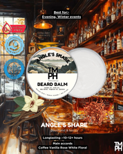 Beard balm packaging with a baroque-style background featuring bottles and decor.