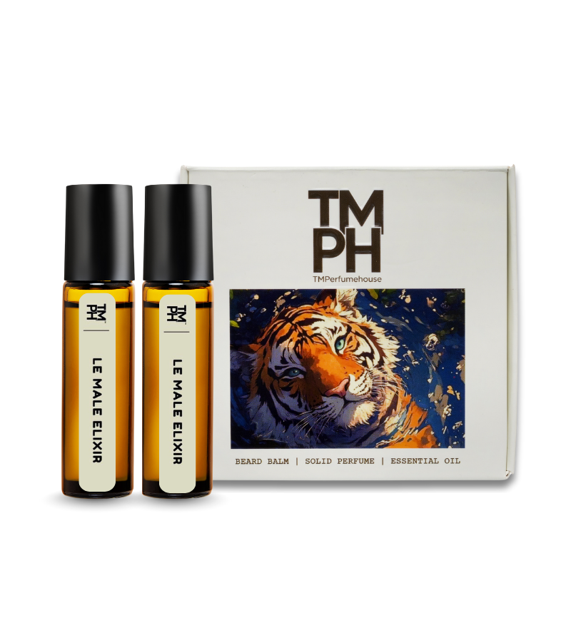Two bottles of 'Le Male Elixir' and a box with a tiger design on a white background