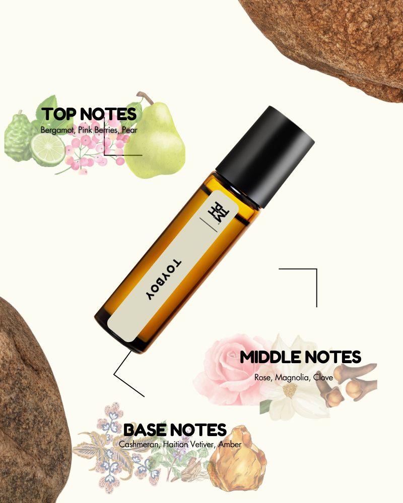 Roll-on bottle with botanical elements and notes on a white background