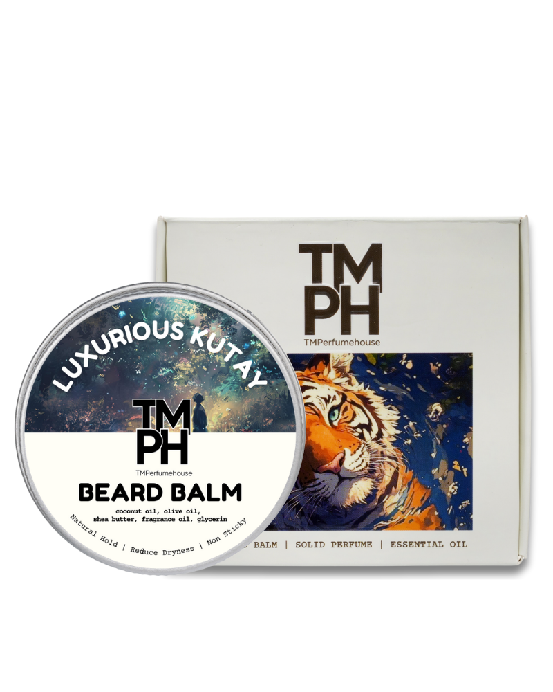 TM PH beard balm container with tiger design on a white background