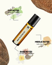Roll-on bottle of 'Le Male Elixir' with notes on top, middle, and base notes on a white background.