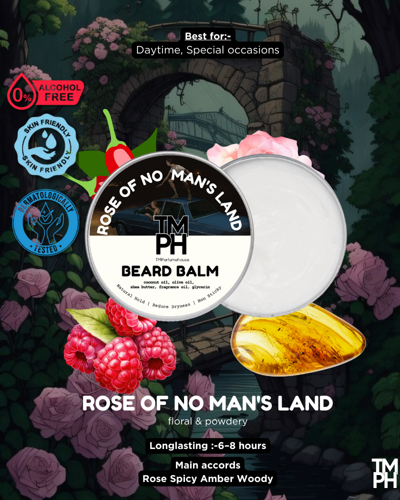 Beard balm packaging with floral and fruit elements on a mystical background