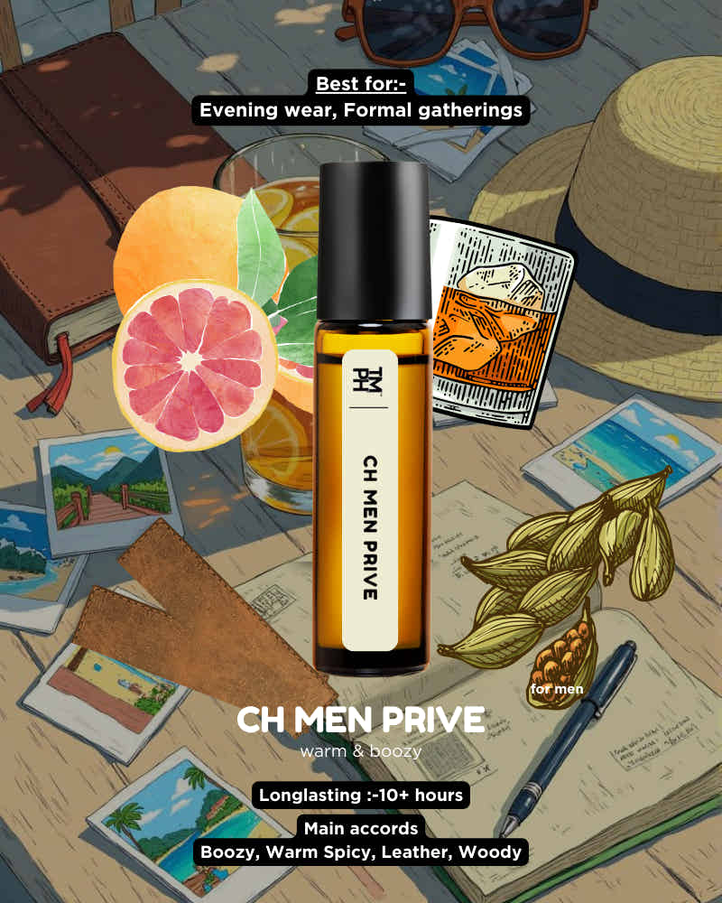 CH MEN PRIVE cologne bottle surrounded by travel-themed items on a wooden surface