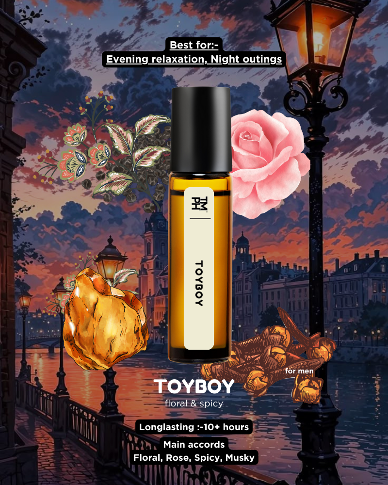 Toyboy perfume bottle with romantic evening scene background