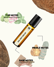 Roll-on bottle with notes on top, middle, and base of a fragrance, surrounded by botanical elements.