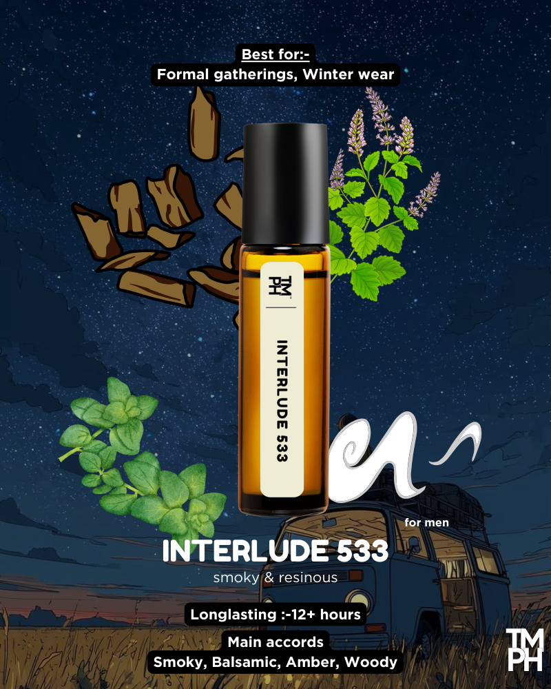 Roll-on bottle of Interlude 533 with nature-themed background and text about product use.