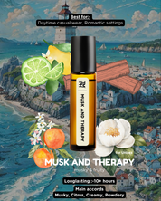 Roll-on bottle of Musk and Therapy with fruits and flowers on a scenic background
