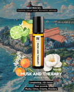 Roll-on bottle of Musk and Therapy with fruits and flowers on a scenic background