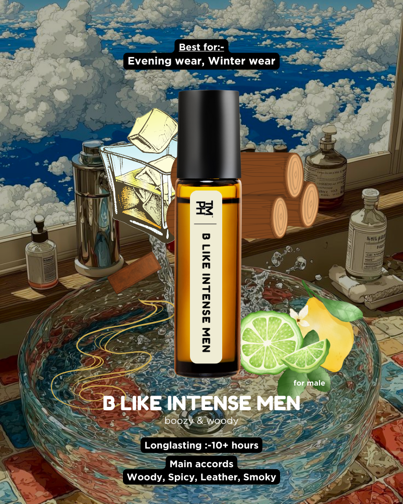 B Like Intense Men cologne bottle with decorative background