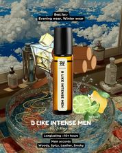 B Like Intense Men cologne bottle with decorative background