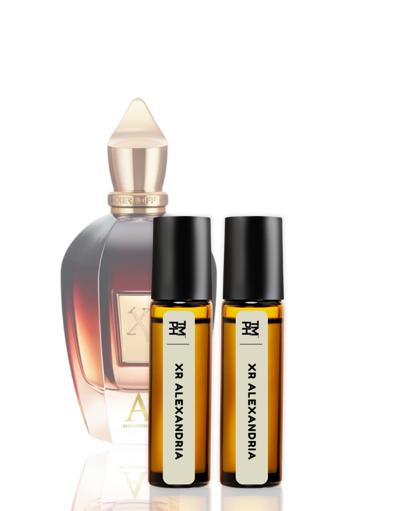 Set of perfume bottles with 'XR Alexandria' labels on a white background
