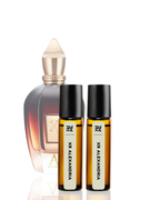 Set of perfume bottles with 'XR Alexandria' labels on a white background