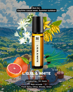 Roll-up bottle of L.12.12 & WHITE perfume with scenic background