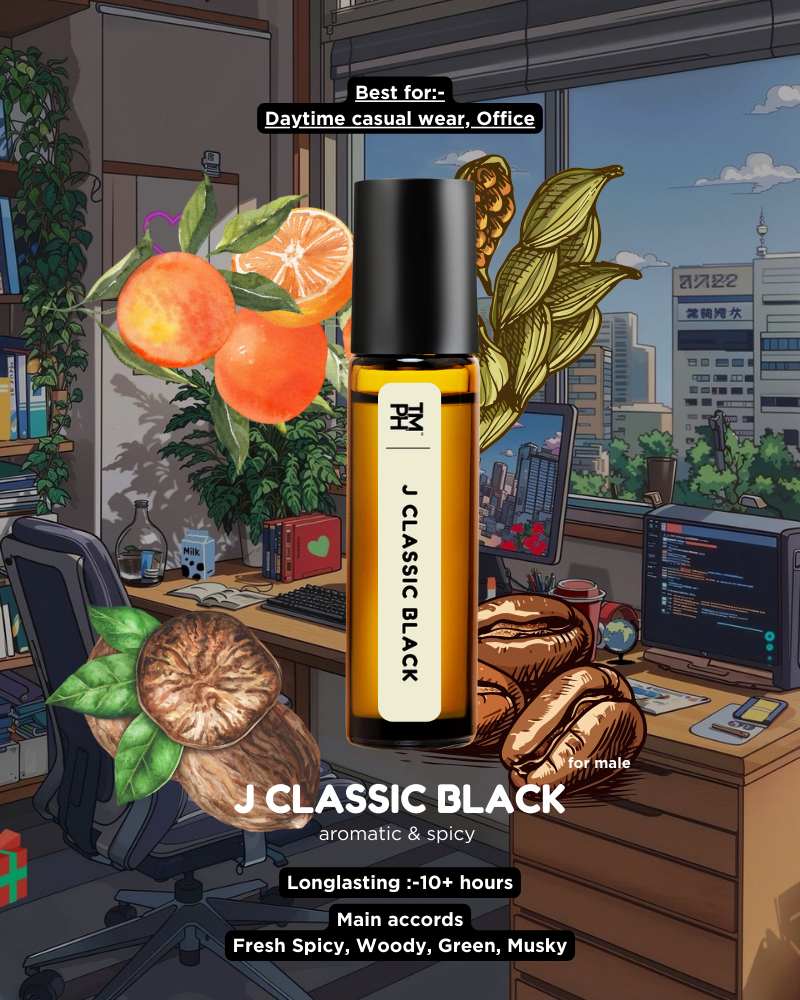 Roll-on bottle labeled 'J Classic Black' in a work setting with oranges, coffee beans, and plants.