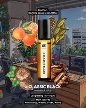Roll-on bottle labeled 'J Classic Black' in a work setting with oranges, coffee beans, and plants.