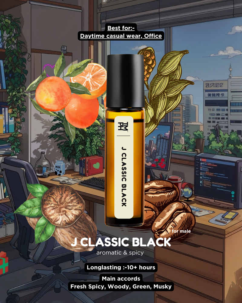 Roll-on bottle labeled 'J Classic Black' in a work setting with oranges, coffee beans, and plants.