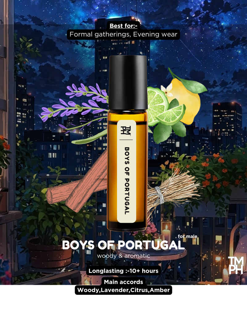 Perfume bottle with decorative elements against a cityscape background