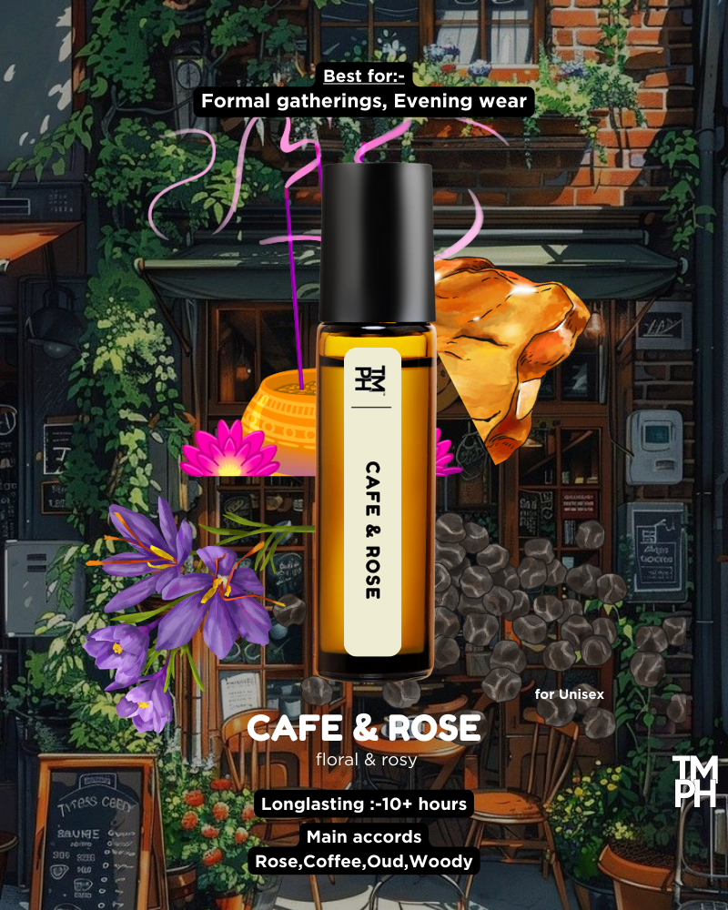 Cafe & Rose perfume bottle with floral and cozy cafe background