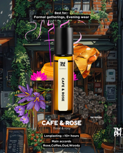 Cafe & Rose perfume bottle with floral and cozy cafe background