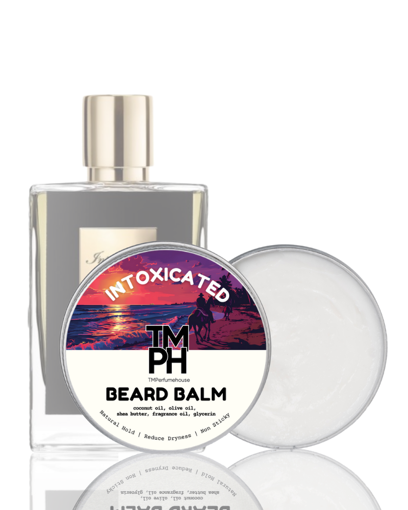 Beard balm packaging with bottle and container on a white background