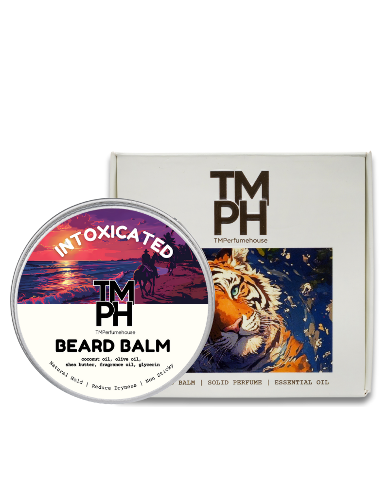 Beard balm container with packaging featuring a tiger illustration and 'TM PH' branding.