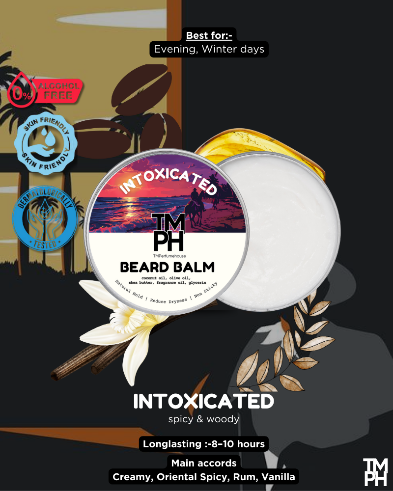 Beard balm packaging with brand logo and product details on a dark background