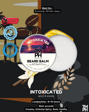 Beard balm packaging with brand logo and product details on a dark background