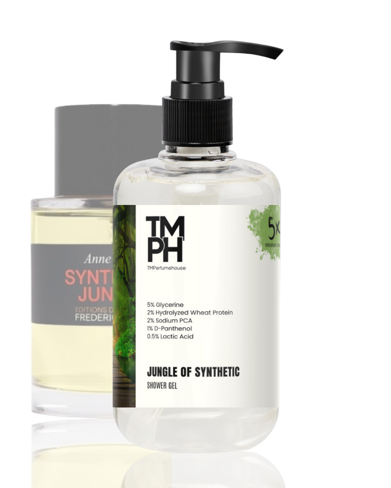 Bottle of TMPH shower gel with a pump on a white background