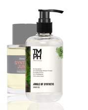 Bottle of TMPH shower gel with a pump on a white background