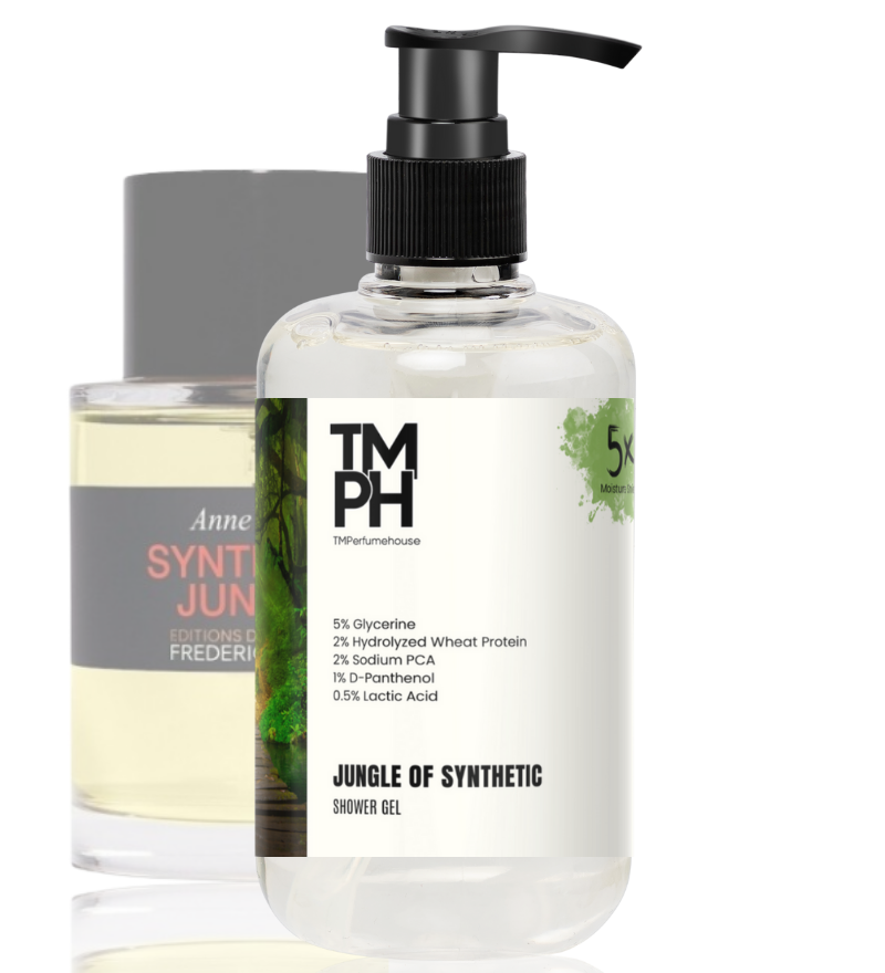 Bottle of TMPH shower gel with a pump on a white background