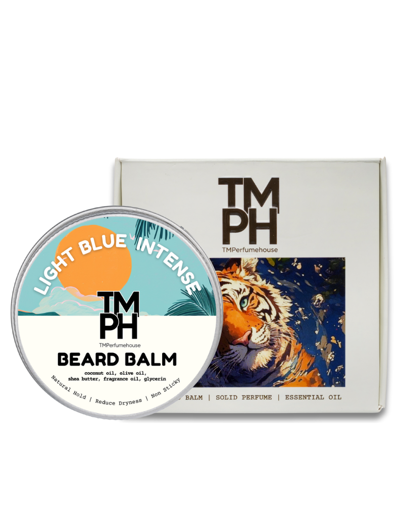 TM PH beard balm container with packaging featuring a tiger illustration on a white background