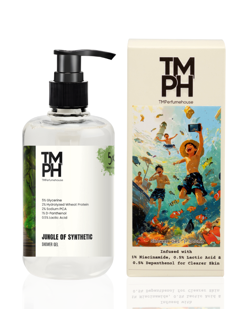 Bottle of jungle synthetic shower gel with packaging featuring children playing in a jungle scene.