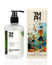Bottle of jungle synthetic shower gel with packaging featuring children playing in a jungle scene.