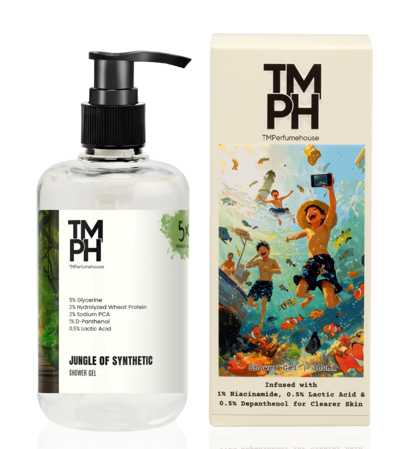 Bottle of jungle synthetic shower gel with packaging featuring children playing in a jungle scene.