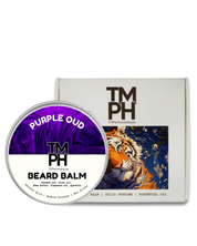 Beard balm container with purple label and tiger illustration on packaging